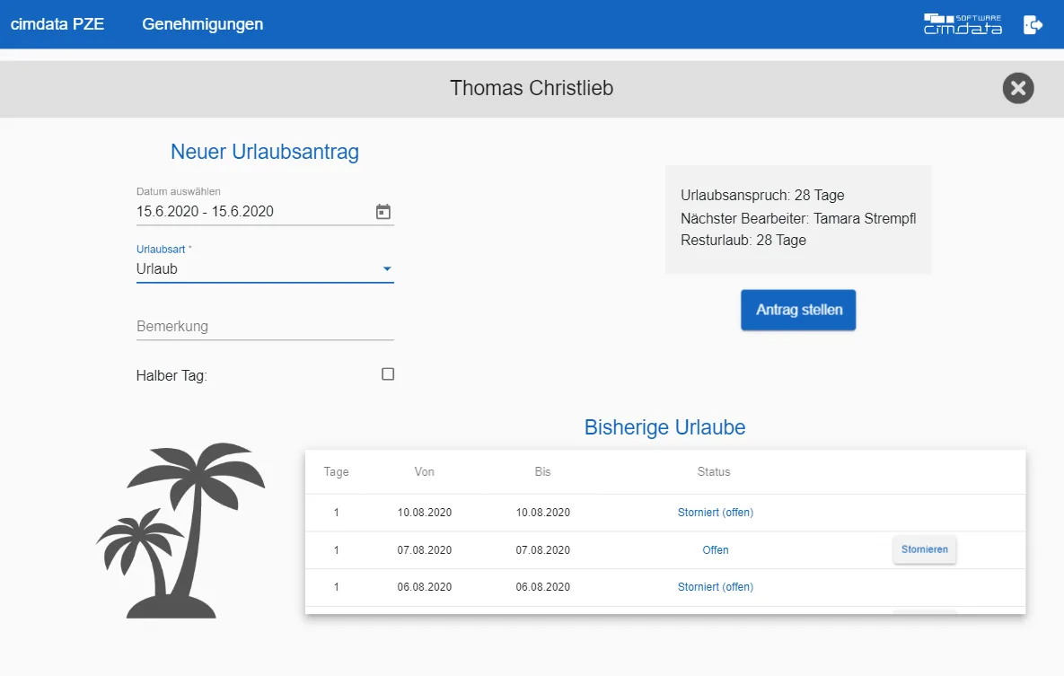 cimdata PZE tablet Neuer Urlaubsantrag
