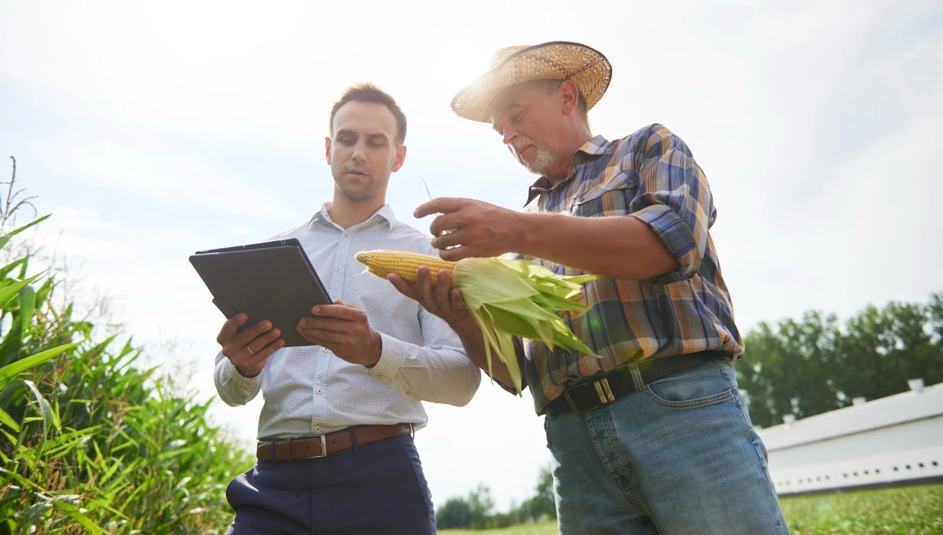 Food industry professionals review information on a tablet in the field.