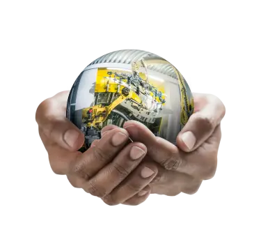 A man holding a sphere that shows factory