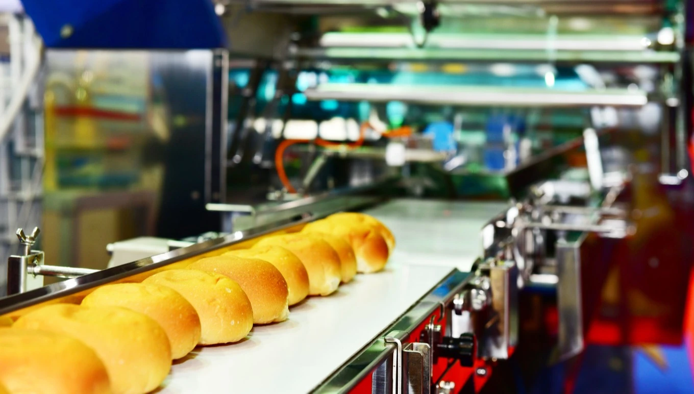 Fresh loaves of bread move down a conveyer.