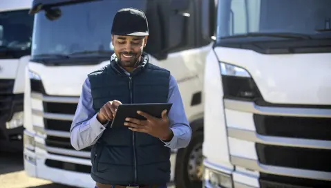 Man standing at truck med looking at tablet.