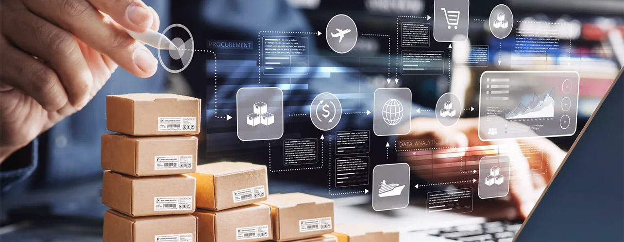 SCM sourcing and procurement graphic illustration with hand pointing and with small boxes stacked on top of one another.