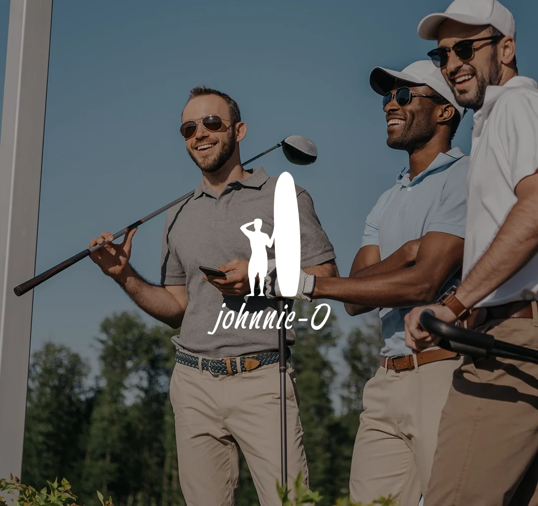 Johnnie-O logo with a background featuring three men in golf outfits.