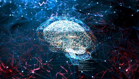 An artistic depiction of artificial intelligence as a brain formed by circuits.