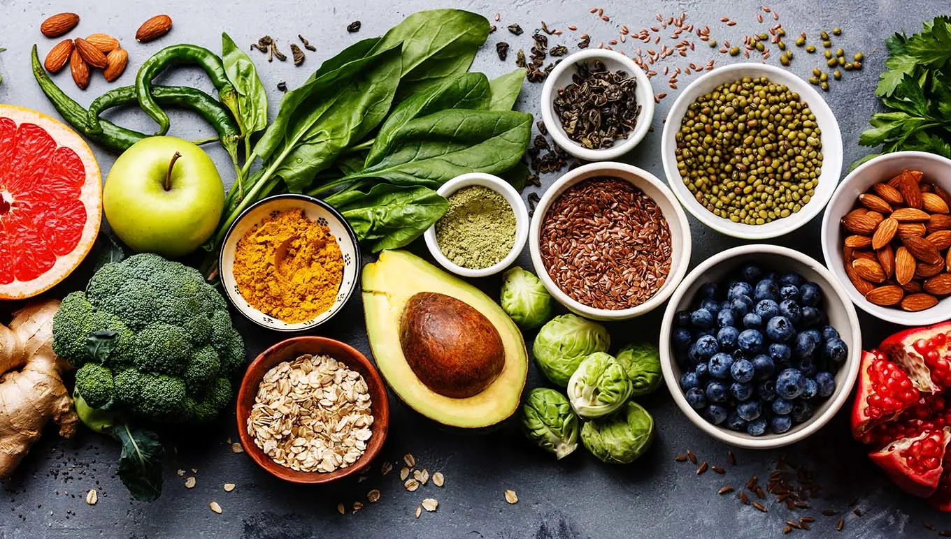 Various fruits, vegetables, spices and seeds