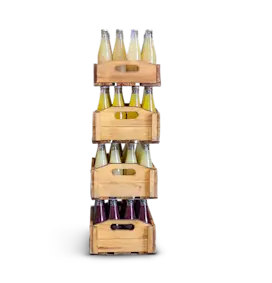 Four crates filled with bottles of juice