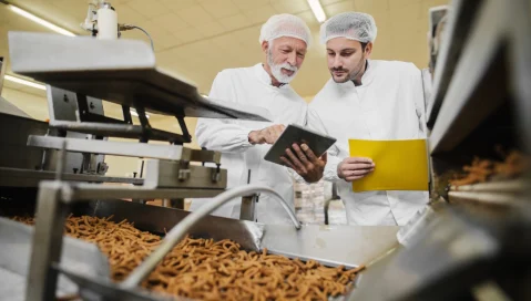 Two food facility workers review documents and pretzels.