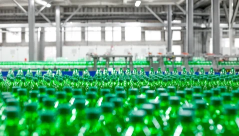 Green plastic bottles roll down a conveyer.