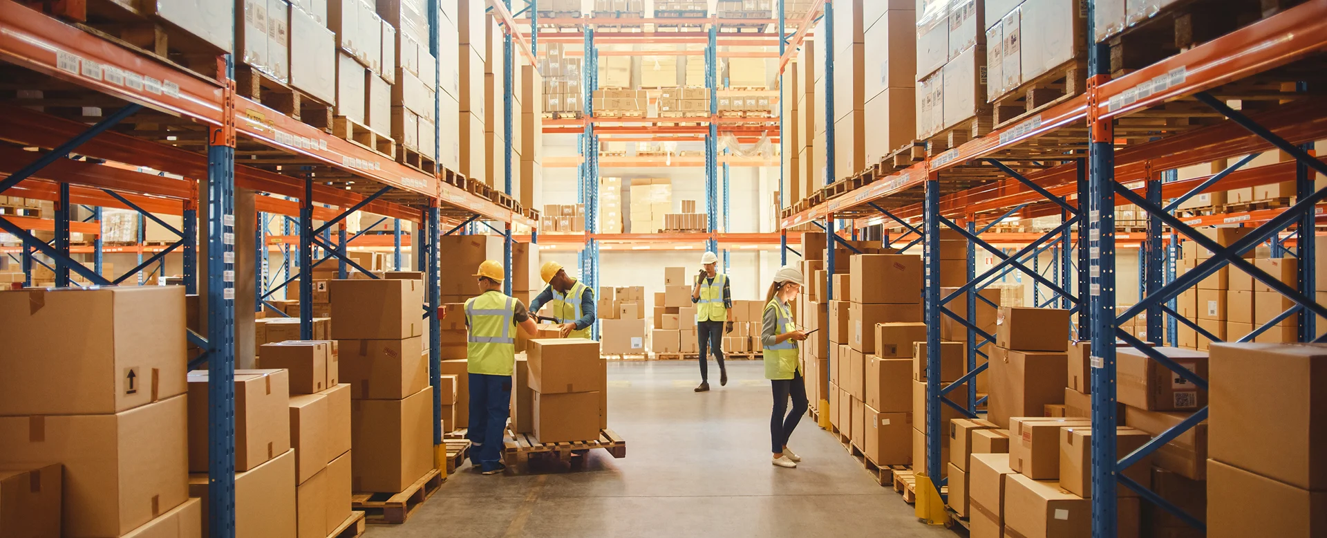 Workers scanning and sorting packages in a retail warehouse