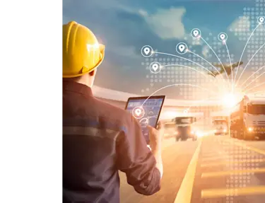 Image showing different forms of transportations while a man holds a tablet.