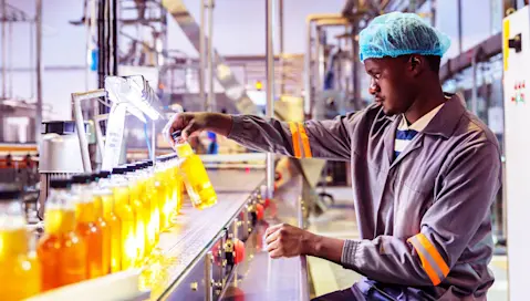 man inspecting bottles on assembly line