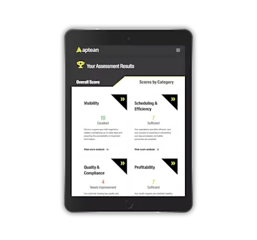 A tablet that displays the food and beverage assessment webpage on Aptean.com