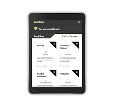 A tablet that displays the food and beverage assessment webpage on Aptean.com