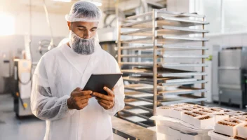 Food factory worker wearing hair and beard net using a touchscreen tablet