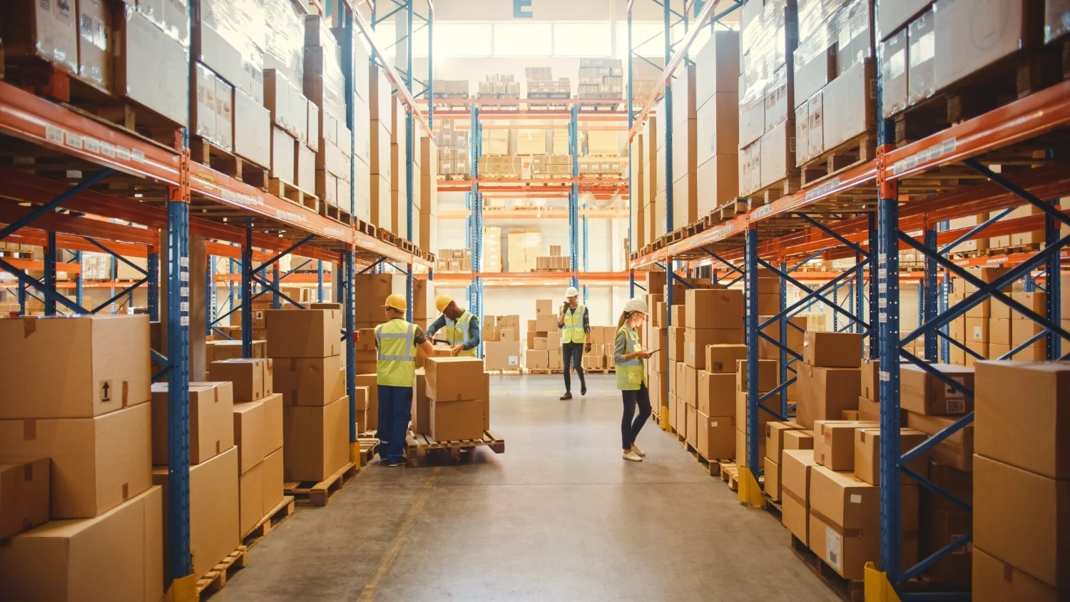 Workers scanning and sorting packages in a retail warehouse