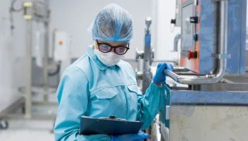 A food facility worker checks safety documents.