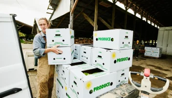A fresh produce worker loads a truck with packaged goods.