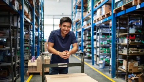 Worker in warehouse moving box with dolly