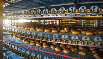 Cakes cool on multi-tiered conveyer belts.