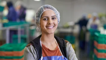 A smiling, confident food facility worker.