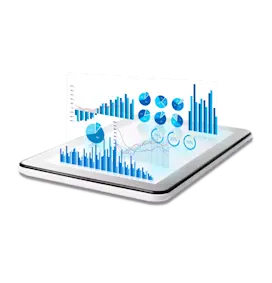 Tablet device displaying blue statistical graphs