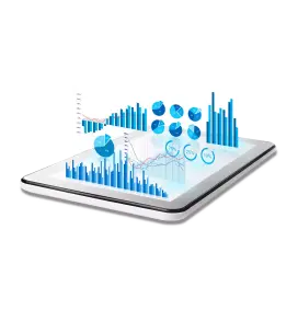 Dispositivo de tableta que muestra gráficos estadísticos azules