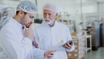 food safety workers reviewing tablet