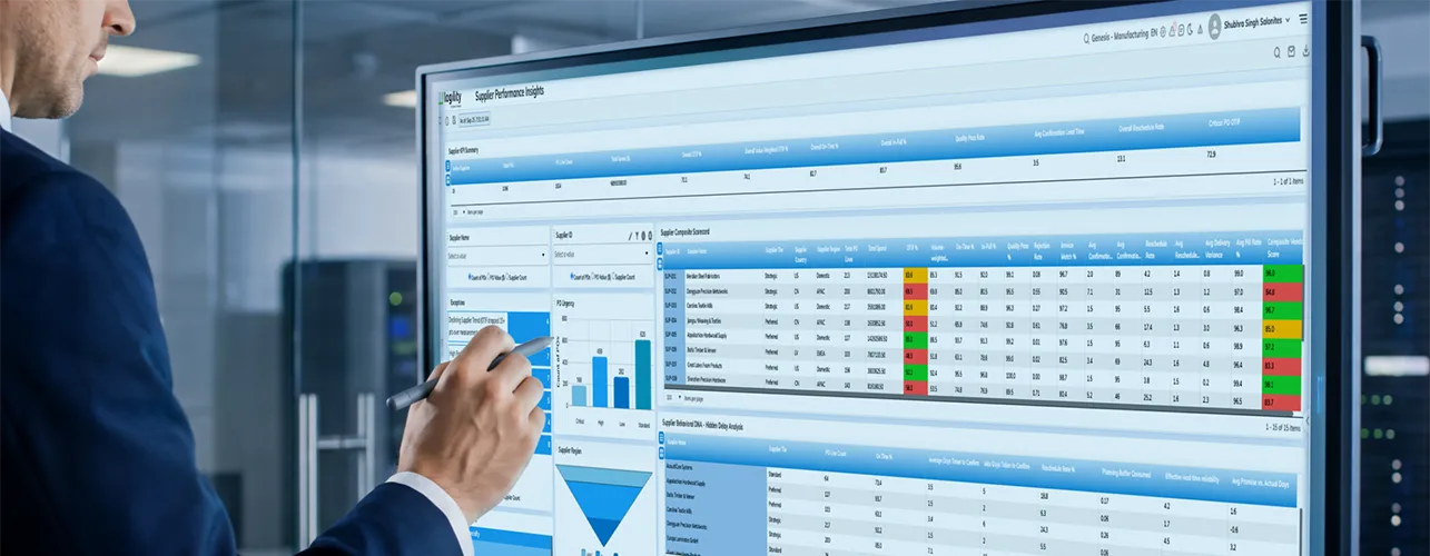 Man pointing at screen with charts | Supply chain management