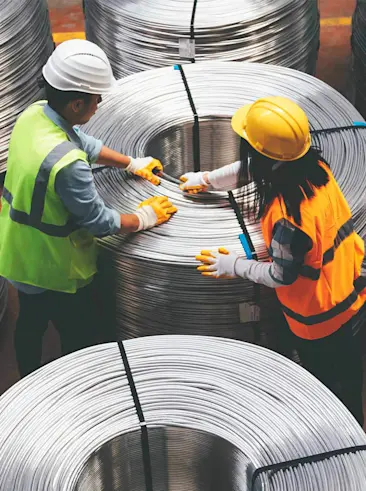 Zwei Metallarbeiter verpacken Metallkabelspulen.