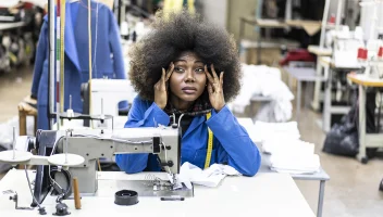 Designer on shop floor at sewing workstation