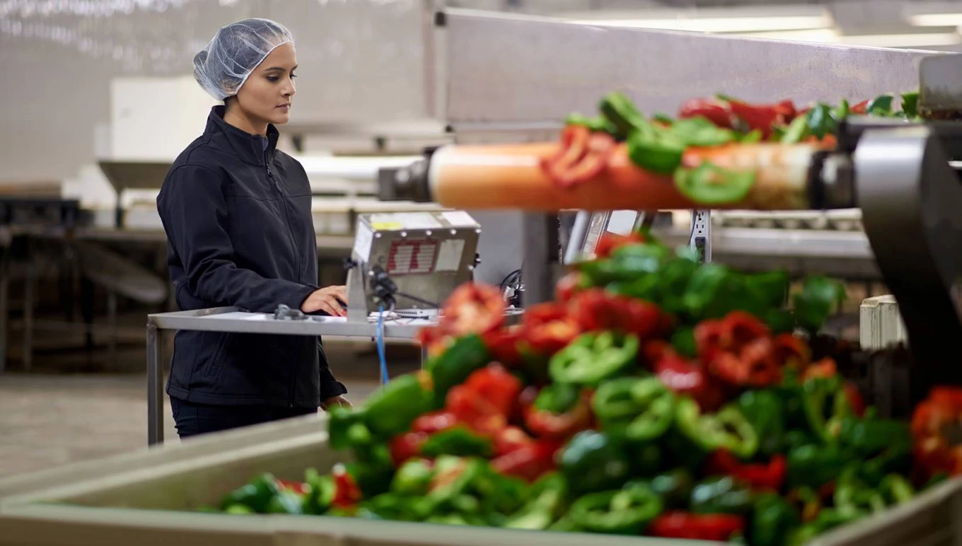 Woman on computer next to bell peppers on conveyer