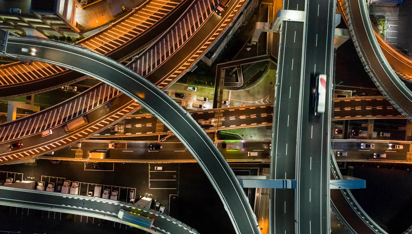 Aerial view of highways at night