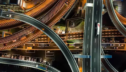 Aerial view of highways at night