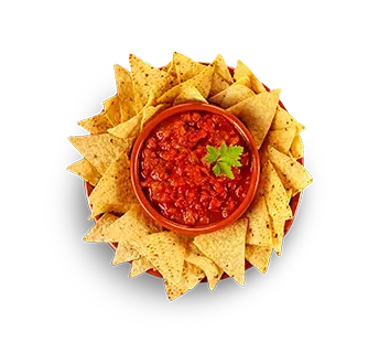 Salsa omringd door chips in een kom.