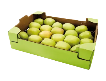 Box of green apples.