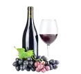 Bottle of wine with glass and grape cluster