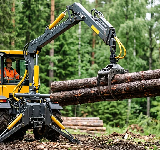 A man sitting in a tractor moving logs