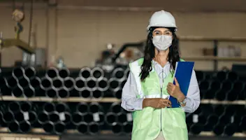 Woman with mask, safety helmet and clipboard