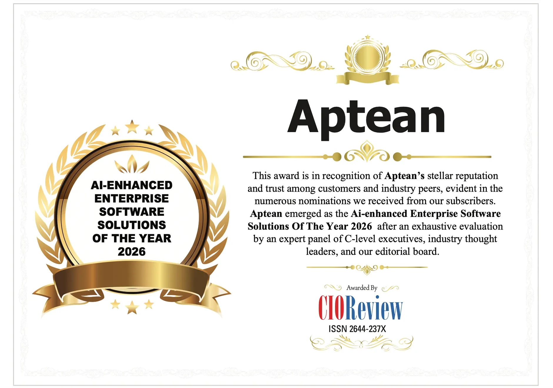 Aptean AI-Enhanced Enterprise Software Solutions of the Year 2026