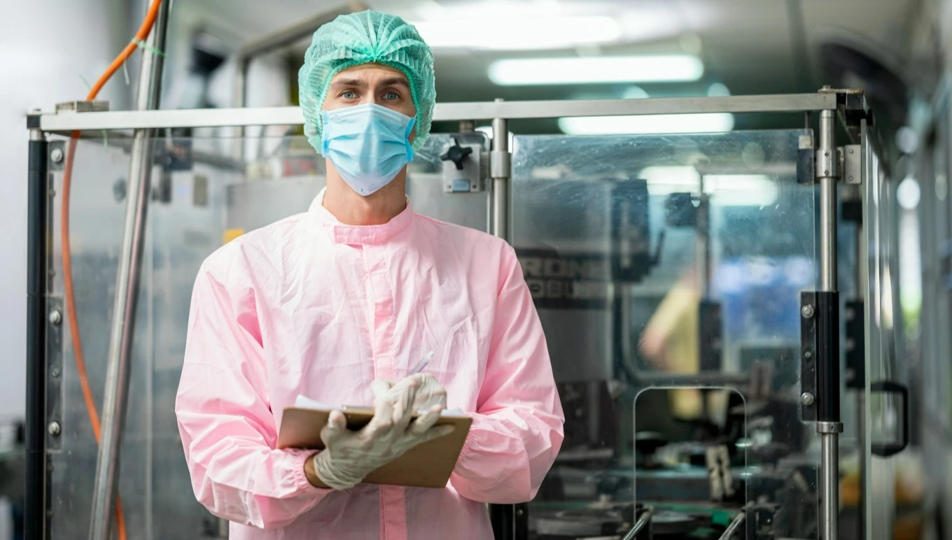 Food factory worker wearing mask holding clipboard
