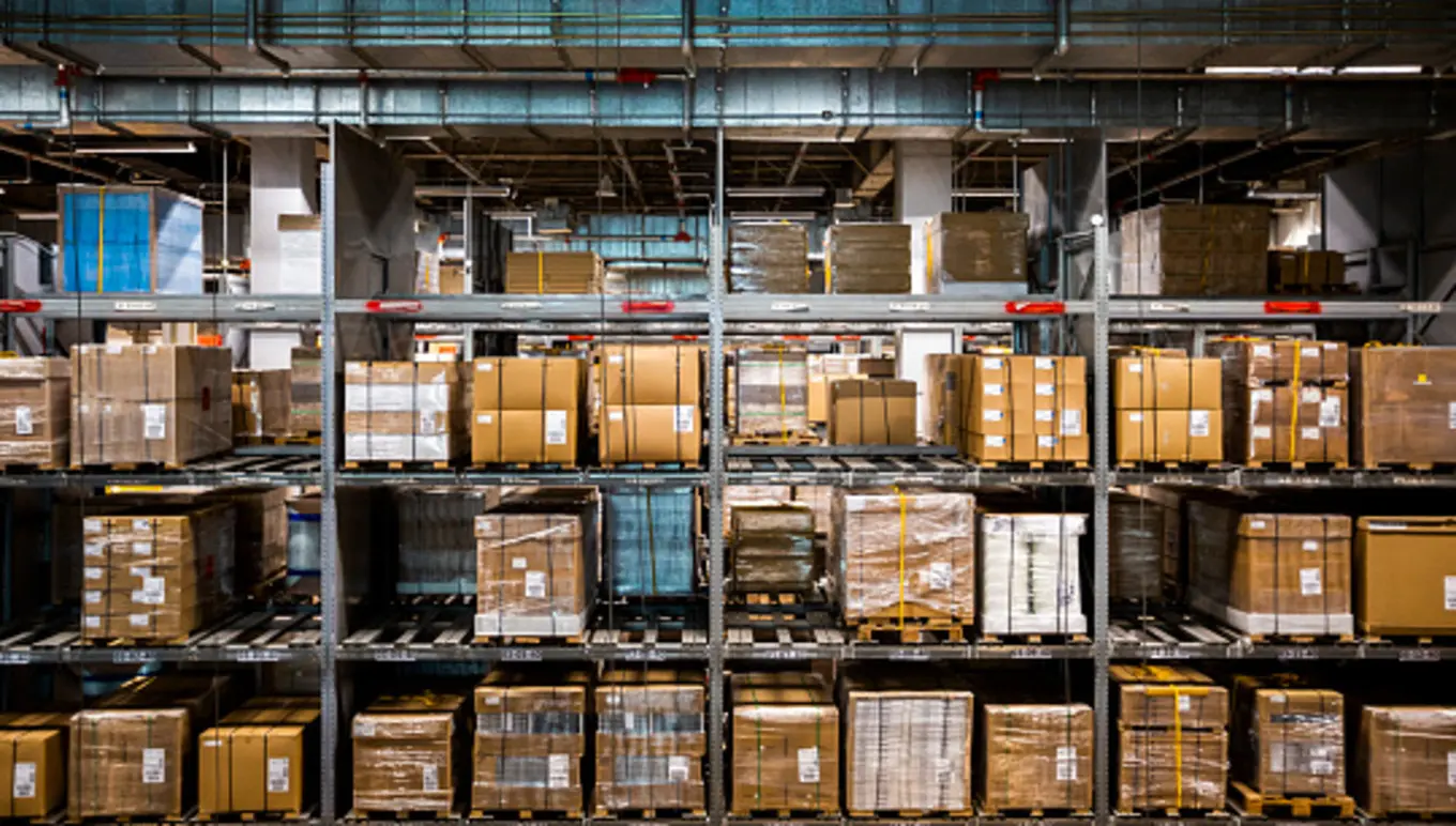 Boxes on warehouse shelves