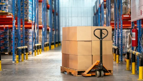 Boxes stack on pallet in warehouse