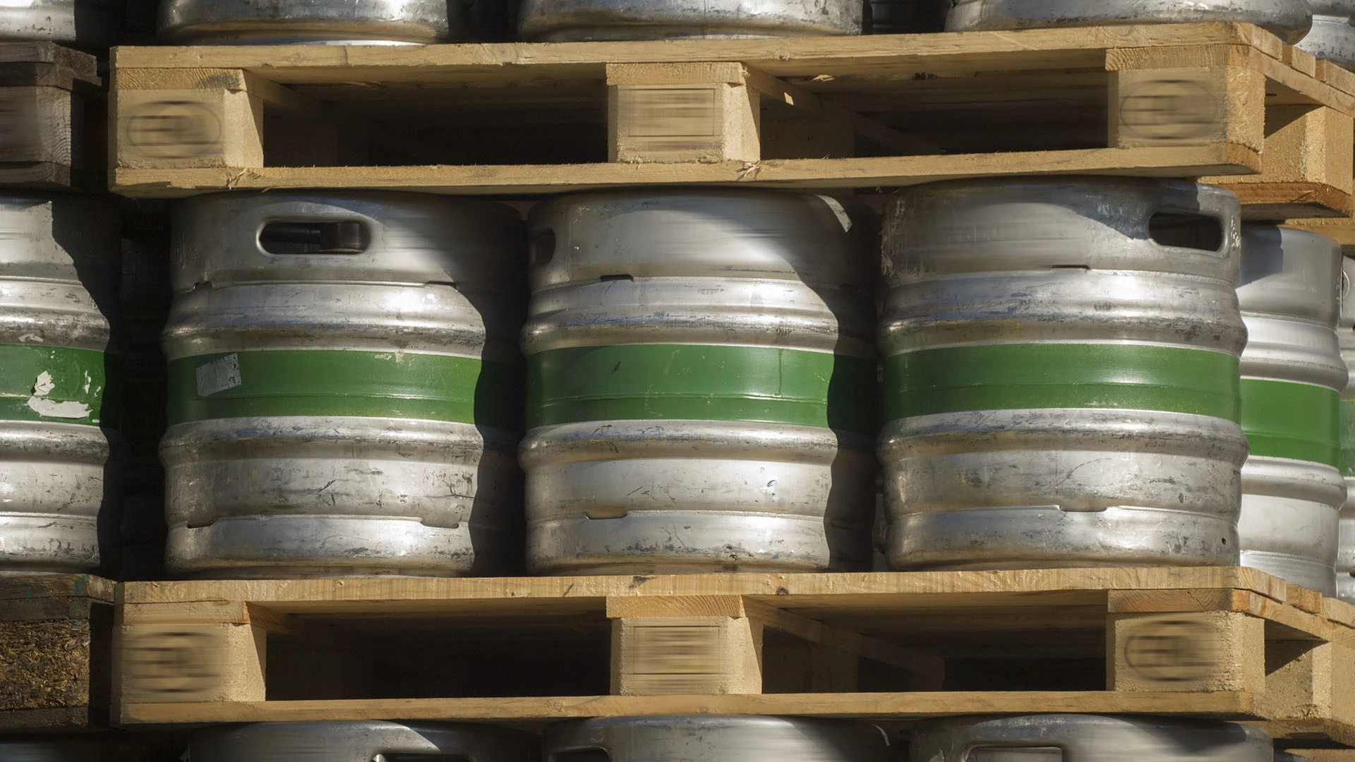 Kegs stacked on crates