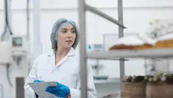 A bakery worker reviews information on a tablet.