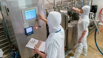 Food facility workers monitor machinery.