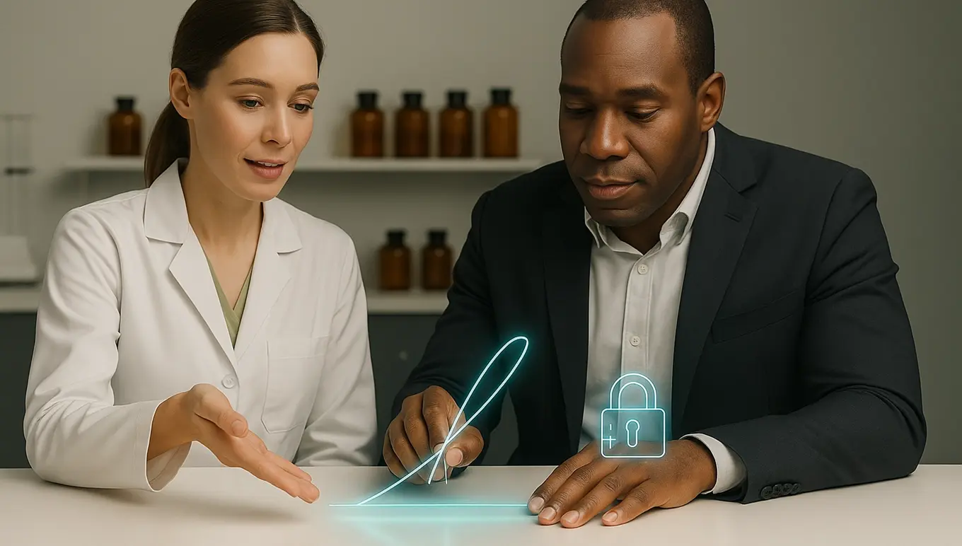 Woman and man sitting at table writing electronic signature.