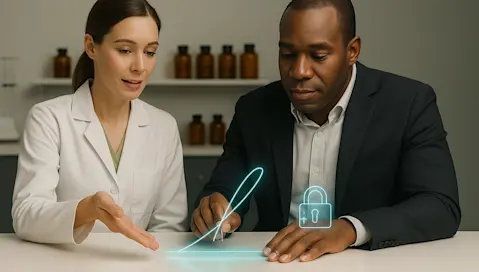 Woman and man sitting at table writing electronic signature.