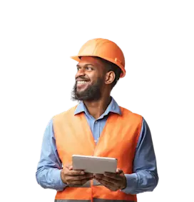 Man in orange hard hat holding tablet
