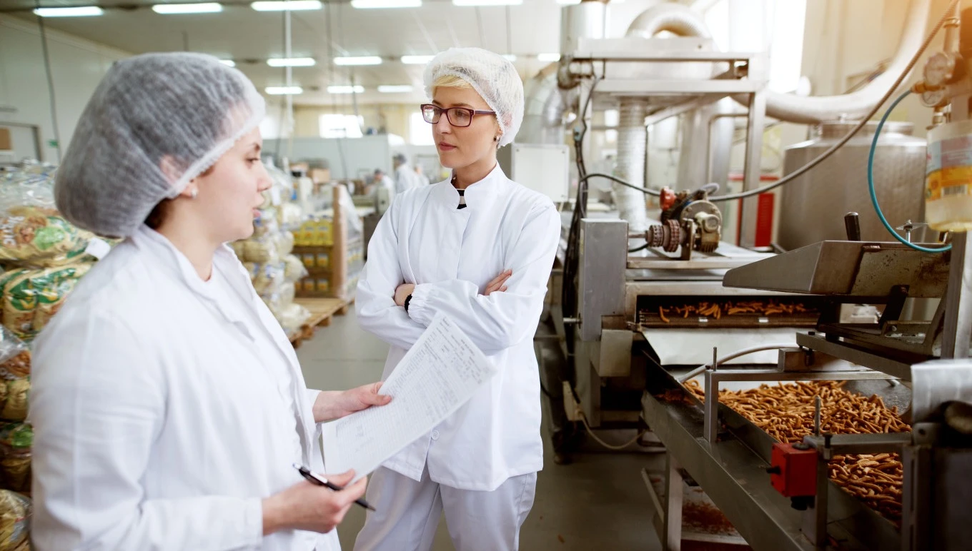 Two food factory workers reviewing food