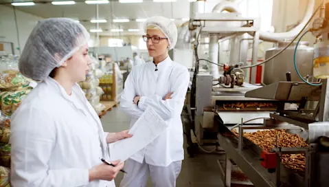 Two food factory workers reviewing food